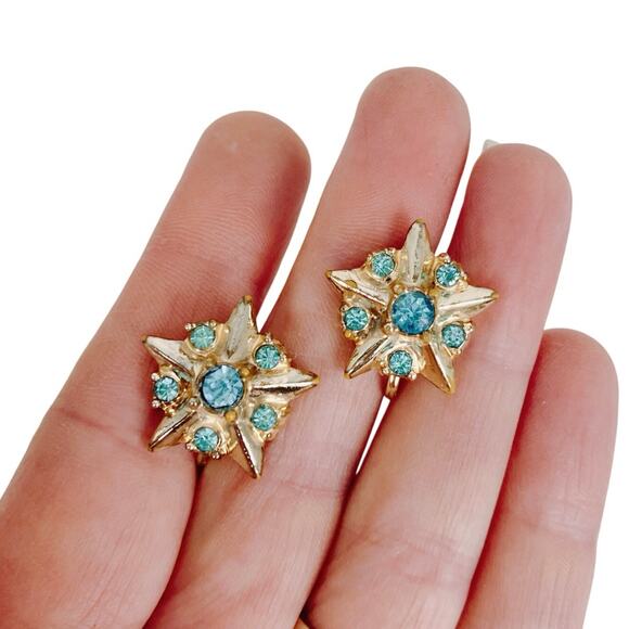 Vintage Aqua Blue Rhinestone Mid Century Atomic Starburst Screw Back Earrings - Picture 3 of 12